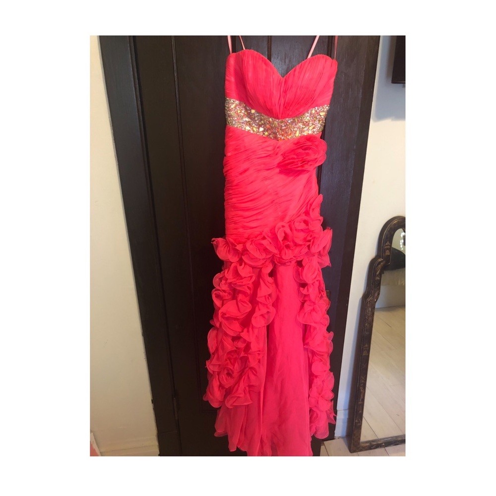 Hot pink ruffle high low prom dress